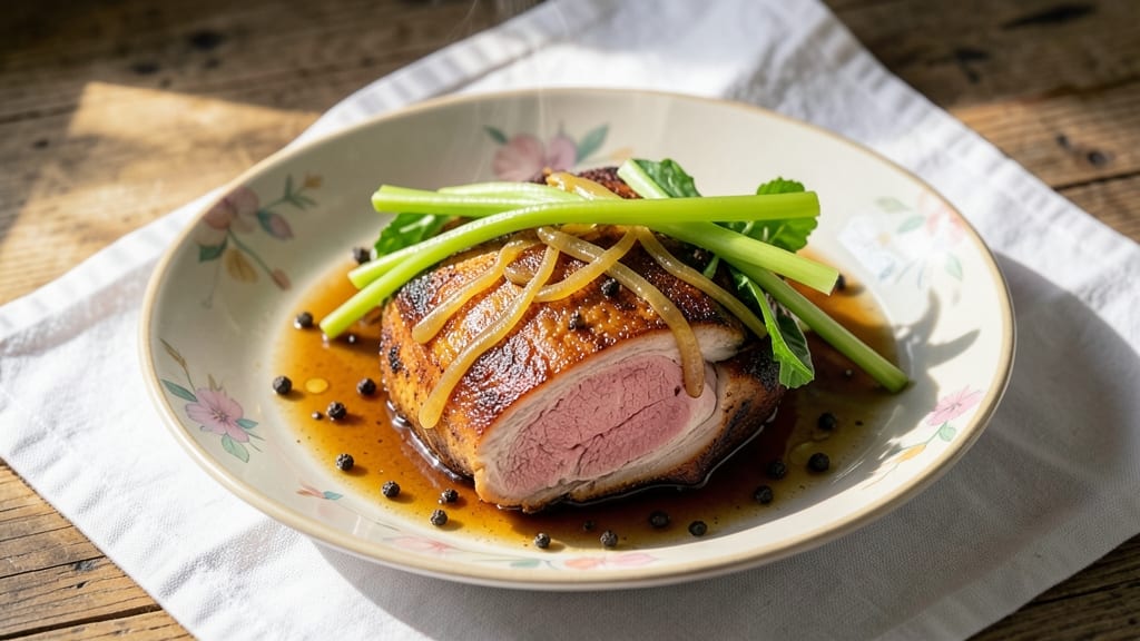 Ah So Pork Recipe: Crispy Celery Crowns Over Smoky Five-Spice Velout