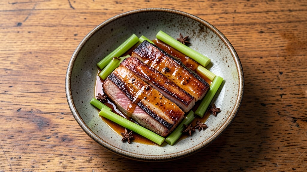 Asian Pork Jowl Recipe: Crispy Celery Crowns Over Fragrant Five-Spice Broth