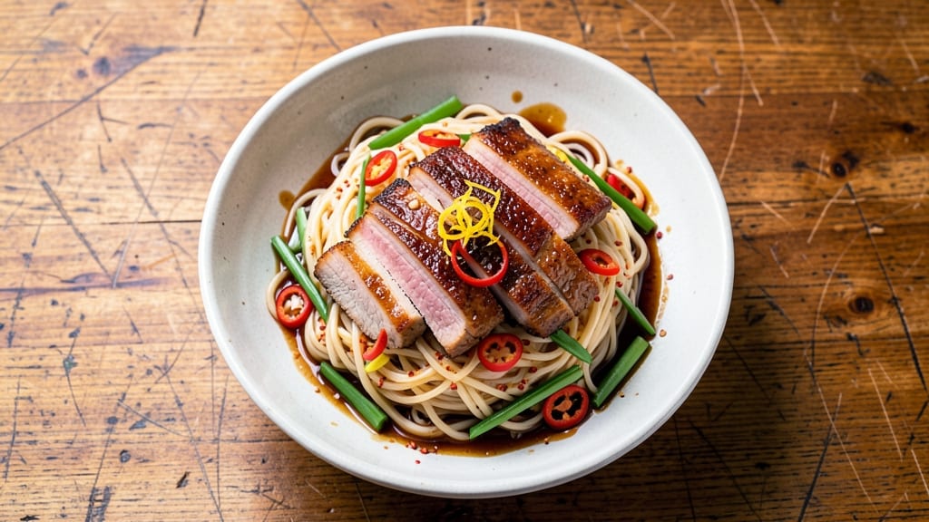 Asian Pork Noodle Bowl Recipe: Smoky-Sweet Glaze and Crispy Celery Crowns
