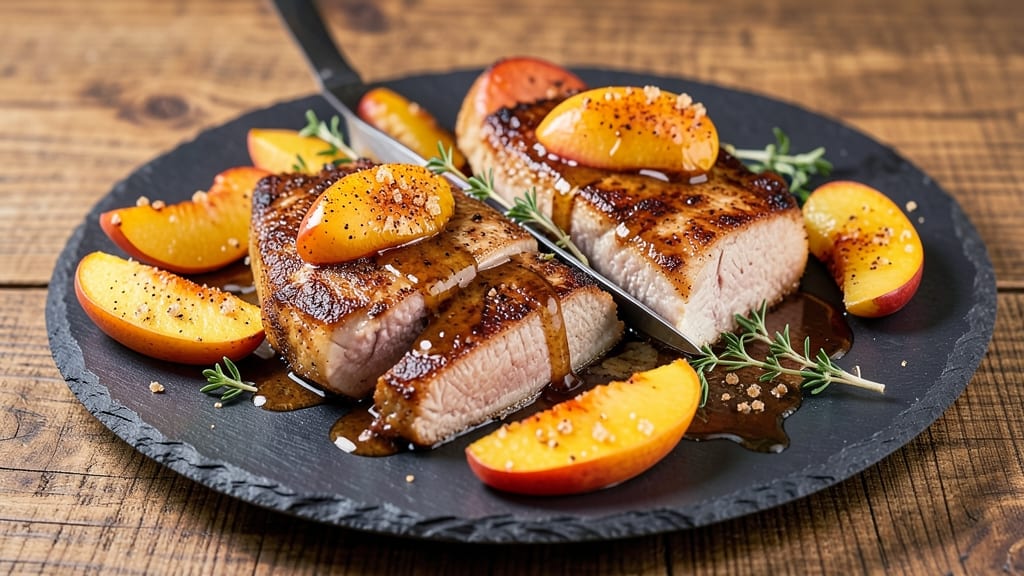 Boneless Pork Chops and Peaches Recipe: Sweet-Tart Grill Pan Harmony