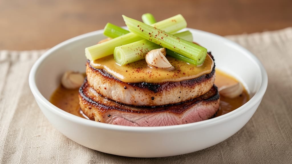 3 Layer Pork Recipe: Crispy Celery Crowns Over Smoky Tomato Gravy